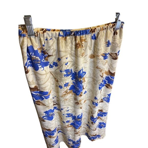 Vintage 90s BICE Blue White Tan Floral Elastic Waist Long Maxi Skirt Sz 8 - Picture 3 of 9
